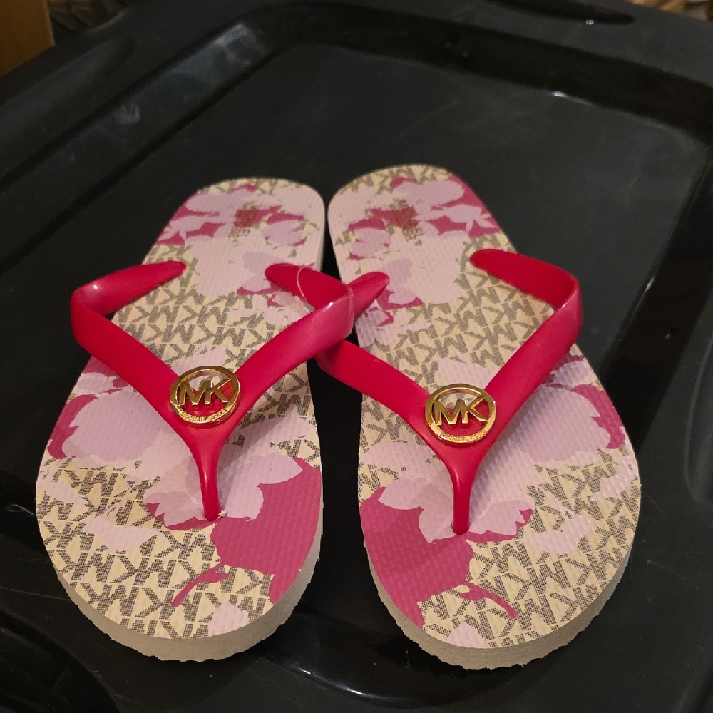 Michael Kors Red and Pink Floral Flip Flops